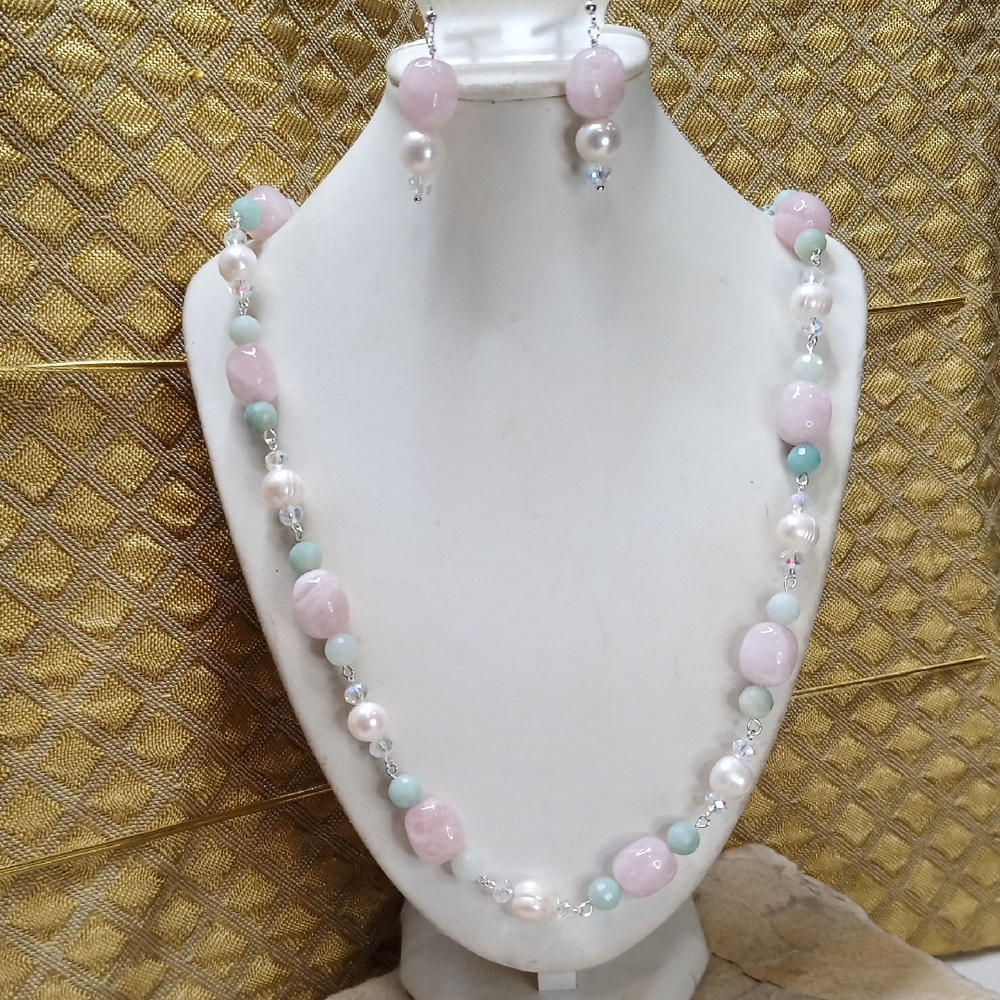 Pink Jade Freshwater Pearl Amazonite Necklace and Earring Set